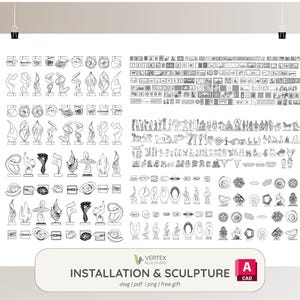 Peut inclure: Une impression blanche présentant de nombreux dessins au trait noirs de sculptures et d'installations. L'image comprend diverses formes abstraites, des figures et des éléments architecturaux. Le texte "INSTALLATION & SCULPTURE" est affiché en bas, avec des informations de fichier CAO.
