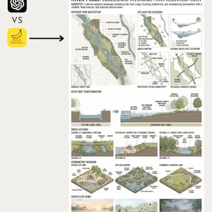 May include: Presentation panel with the title "River Pulse: Ecological Riverside Park Redevelopment." The panel includes diagrams, maps, and illustrations showcasing a riverside park masterplan, site analysis, and ecological features. The image also includes the text "AI Design Visualization Ebook."