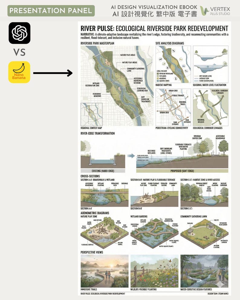 May include: Presentation panel with the title "River Pulse: Ecological Riverside Park Redevelopment." The panel includes diagrams, maps, and illustrations showcasing a riverside park masterplan, site analysis, and ecological features. The image also includes the text "AI Design Visualization Ebook."