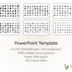 May include: A PowerPoint template graphic with six panels of black and white icons. The text reads "PowerPoint Template" and details the template's features, including 100 unique slides and editable vector graphics.