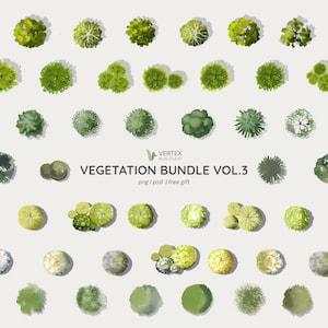 May include: Overhead illustrations of trees and plants in shades of green, presented in a watercolor style. The image features the text "VEGETATION BUNDLE VOL.3" and "png | psd | free gift".