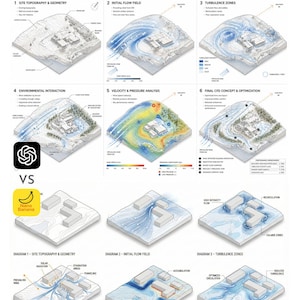 May include: An analytical diagram with the text "AI Design Visualization Ebook" and "Analytical Diagram". The image shows six diagrams of a building's site topography, flow field, turbulence zones, environmental interaction, velocity, and optimization.