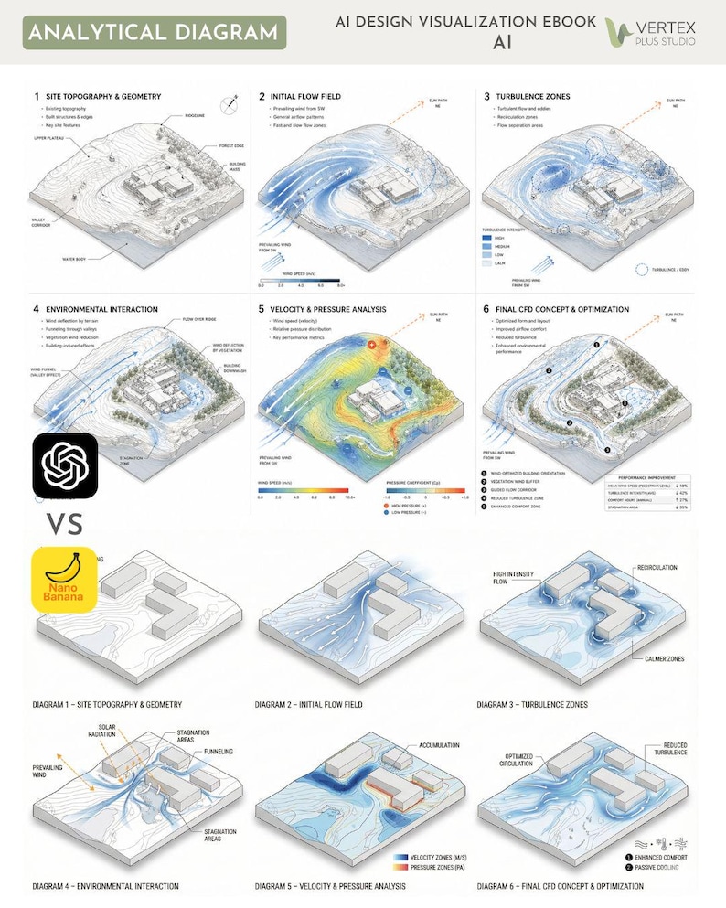 May include: An analytical diagram with the text "AI Design Visualization Ebook" and "Analytical Diagram". The image shows six diagrams of a building's site topography, flow field, turbulence zones, environmental interaction, velocity, and optimization.