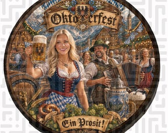 May include: A circular wall sign featuring an Oktoberfest scene with a person holding a beer mug, a person playing an accordion, and a crowd in a village setting. The sign includes the text Oktoberfest at the top and Ein Prosit! at the bottom.