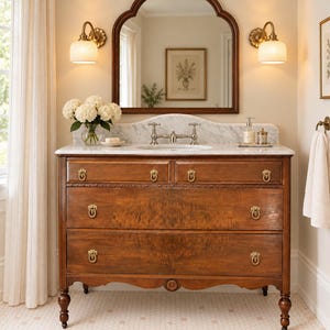 May include: A wooden bathroom vanity with a white marble countertop, an integrated sink, and brass hardware. The vanity features two small top drawers and two large lower drawers with ring pulls. Above sits an arched mirror and two wall sconces.