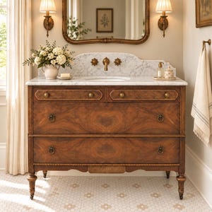 May include: A wooden bathroom vanity with a white marble countertop, an oval sink, and brass fixtures. The vanity features two top drawers and two large lower drawers with circular brass pulls. A mirror, two wall sconces, and a towel are visible.