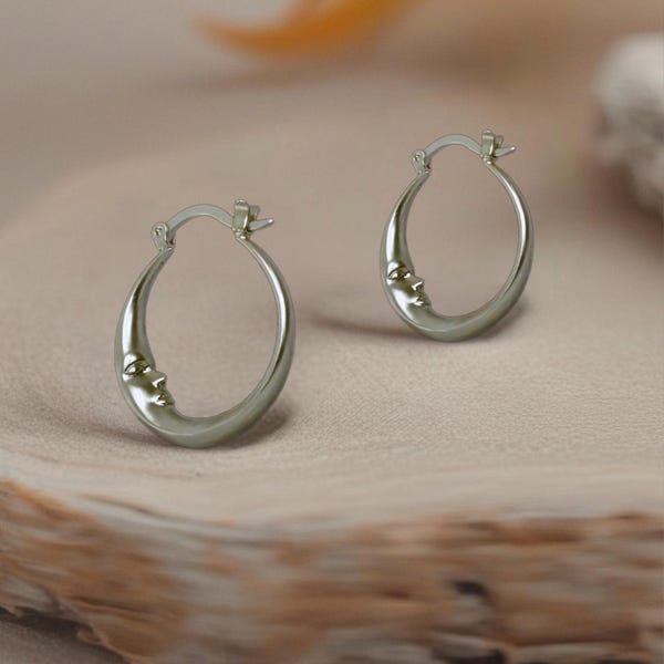 Silver Moon Earrings – Crescent Moon face Earrings, Goddess Jewelry Gift, Gold Hoop Earrings