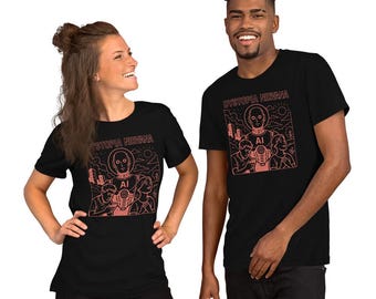 Dystopia/Nirvana (Line Art) — AI Future T-Shirt, Black Bella Canvas Tee