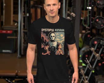 Dystopia/Nirvana (Color) — AI Future T-Shirt, Black Bella Canvas Tee