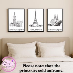 Set of 3 European City Sketch Prints – London, Paris, Barcelona – Unframed Home Décor
