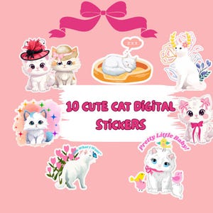 Cute Cat Digital Stickers – 10 PNG Files for Planners, Scrapbooks, Journals & Crafts – Kawaii Cat Clipart