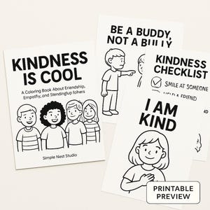 Może przedstawiać: Zestaw czarno-białych kart do druku i kolorowanki. Okładka książki głosi "KINDNESS IS COOL" z ilustracjami dzieci. Inne karty mówią "BE A BUDDY, NOT A BULLY", "KINDNESS CHECKLIST" i "I AM KIND".