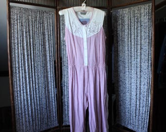 Red & White Striped Jumpsuit with White Lace and Buttons