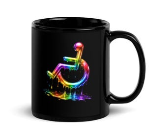 Disability Pride Mug | Rainbow Drip Wheelchair Symbol, Black Ceramic Cup