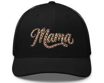 Embroidered Leopard Print Mama Trucker Hat | Yupoong Retro Snapback Style
