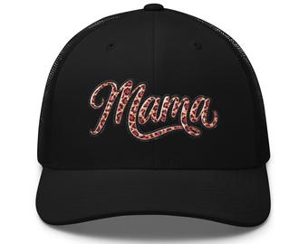 Embroidered Pink Leopard Print Mama Trucker Hat | Yupoong Retro Snapback Style
