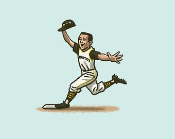 May include: Illustration of a baseball player in a Pittsburgh Pirates uniform, mid-run, with arms outstretched and a cap raised. The uniform is white with black and gold accents, and the word "Pirates" is across the chest. The background is a light blue.