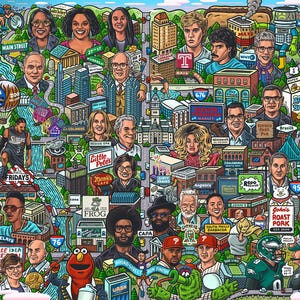 May include: A colorful illustration of a city map with various landmarks and people. The map features a river, buildings, and businesses. There are many people depicted, including a man wearing a baseball cap and a woman with a red dress.