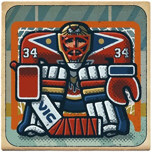 May include: Illustration of a hockey goalie in a red, white, and blue uniform, with the number 34 on the chest. The goalie is wearing a red mask and holding a glove. The word "VIC" is visible on the leg pad.