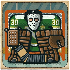 May include: A vintage-style illustration of a hockey goalie wearing a green and white jersey with the number 30 on it. The goalie is in a crouched position, ready to make a save. The goalie is wearing a white mask with a black cage and brown and black goalie pads.