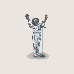 May include: A woman in a white jumpsuit with red stripes sings into a microphone while holding her arms up in the air.