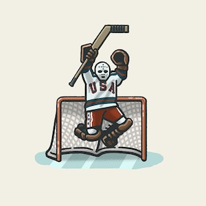 May include: A cartoon illustration of a hockey player wearing a white jersey with "USA" on the front, a red and white helmet, and red and white pants. The player is holding a hockey stick in the air and is jumping over a hockey net.