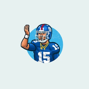 Puede incluir: Ilustración de un jugador de fútbol americano con uniforme azul con el número 15, usando un casco con el número 15. El jugador levanta la mano en un gesto de celebración. La imagen está sobre un fondo azul claro.