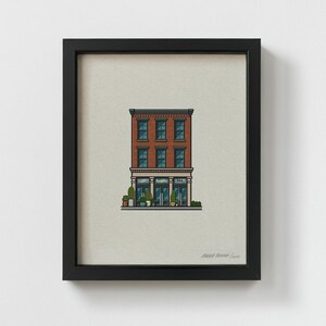 May include: A digital illustration of a red brick building with a shop front. The building has four windows on each floor and a sign that reads "Sunshine Cafe". There are plants in pots outside the cafe.