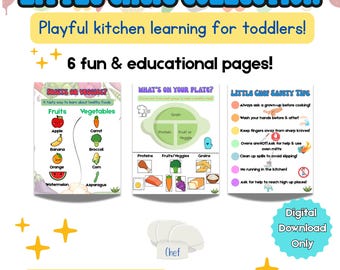 May include: A colorful educational digital download titled "Little Chefs Collection" with playful kitchen learning for toddlers. The image includes pages about fruits, vegetables, and kitchen safety, with the text "Print. Play. Learn."