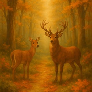 Autumn Forest Royalty – Majestic Deer Couple in Golden Woods