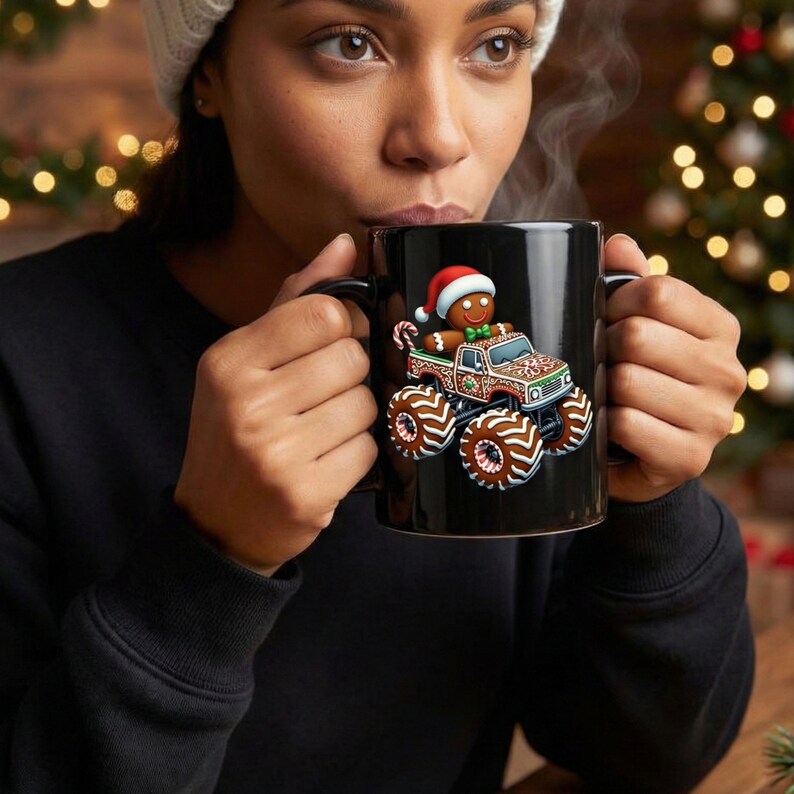 May include: Black ceramic mug with a festive gingerbread man in a Santa hat driving a monster truck. The truck and wheels are decorated with gingerbread-cookie-style designs. The mug has a black handle and interior.