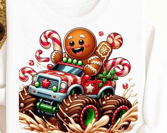 Gingerbread Monster Truck Christmas PNG | Cute Candy Truck Clipart | Peppermint Wheels | Xmas Sublimation Design for T-Shirts & Mugs