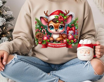 Merry Christmas Reindeer PNG | Cute Baby Deer Clipart | Holiday Sublimation Design with Santa Hat & Gifts for Stickers and T-Shirts