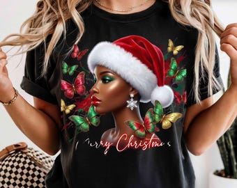 Merry Christmas Black Woman PNG | Santa Hat Butterflies Clipart | Glam Holiday Art for Sublimation, T-Shirts, Mugs, Cards & Prints