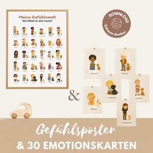 Może przedstawiać: Zestaw plakatów i kart z motywem emocji. Główny plakat, w drewnianej ramie, przedstawia ilustracje ludzi i zwierząt z niemieckimi etykietami emocji. Widoczne są również pojedyncze karty.