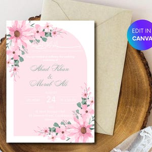 Editable Nikah Invitation Template | Pink Floral Muslim Wedding Invite | Digital Islamic Wedding Card | Modern Nikah Announcement