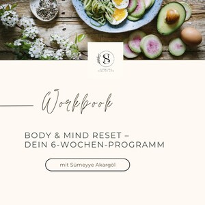 May include: A healthy meal on a blue plate with tomatoes, avocado, and eggs. The image also includes a workbook with the text "BODY & MIND RESET - DEIN 6-WOCHEN-PROGRAMM" and the name "Sümeyye Akargöl".