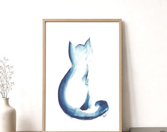Blue Cat Ink Illustration, Minimalist Cat Artwork, Printable Wall Art, Cat Wall decor, Kitten Art Print, Instant Digital Download