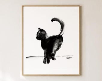 Gatinho Preto – Impressão Giclée de Belas Artes – Desenho Minimalista a Tinta, Arte de Parede Felina, Decoração para Casa, Impressão de Arte Felina