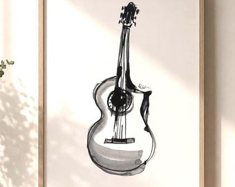 Guitarra – Lámina artística, dibujo en tinta blanca y negra – arte mural de música jazz, decoración minimalista atemporal, lámina artística