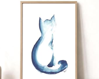 Blue Cat Ink Illustration, Minimalist Cat Artwork, Printable Wall Art, Cat Wall decor, Kitten Art Print, Instant Digital Download