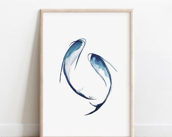 Blue Fish Minimalist Ink Drawing, Koi Fish Printable Wall Art, Minimalist Feng Shui Decor, Zen Art Print, Fish Artwork, Digital Download