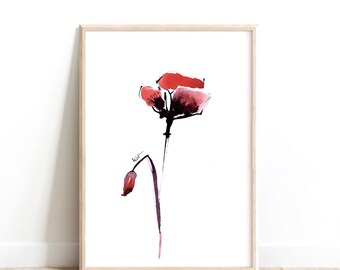 May include: A framed wall art print featuring a minimalist watercolor painting of a single red poppy flower with a dark stem and a small bud, rendered in expressive brushstrokes against a stark white background within a light wood frame.