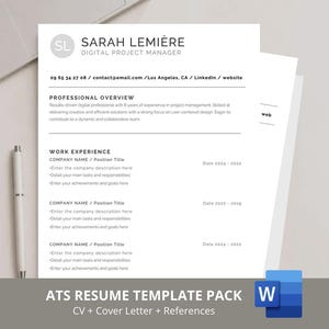 Peut inclure: Un modèle de CV blanc affichant le nom Sarah Lemiere, Digital Project Manager, avec des sections pour le profil professionnel, l'expérience, les noms d'entreprises, les titres de poste et les dates, avec un stylo blanc sur la gauche.