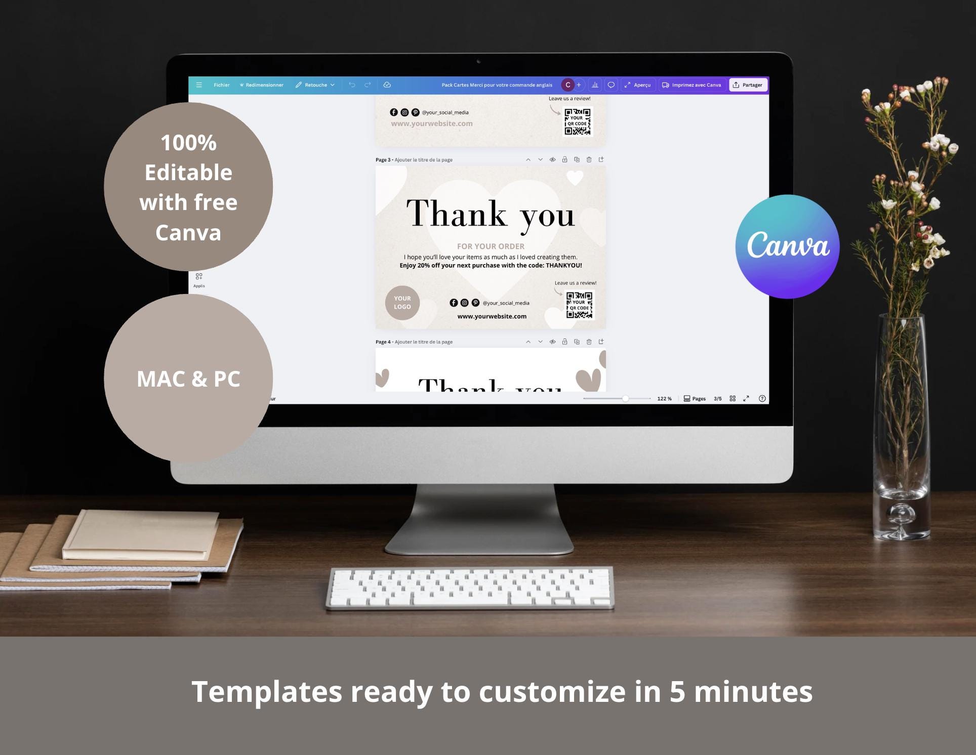 5 Editable Thank You Card Templates for Small Business | Canva Template ...
