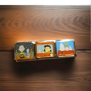 May include: A set of three rectangular metal pins featuring Peanuts characters. Each pin has a different scene with Snoopy, Charlie Brown, and other characters. The pins are set against a dark wooden background.