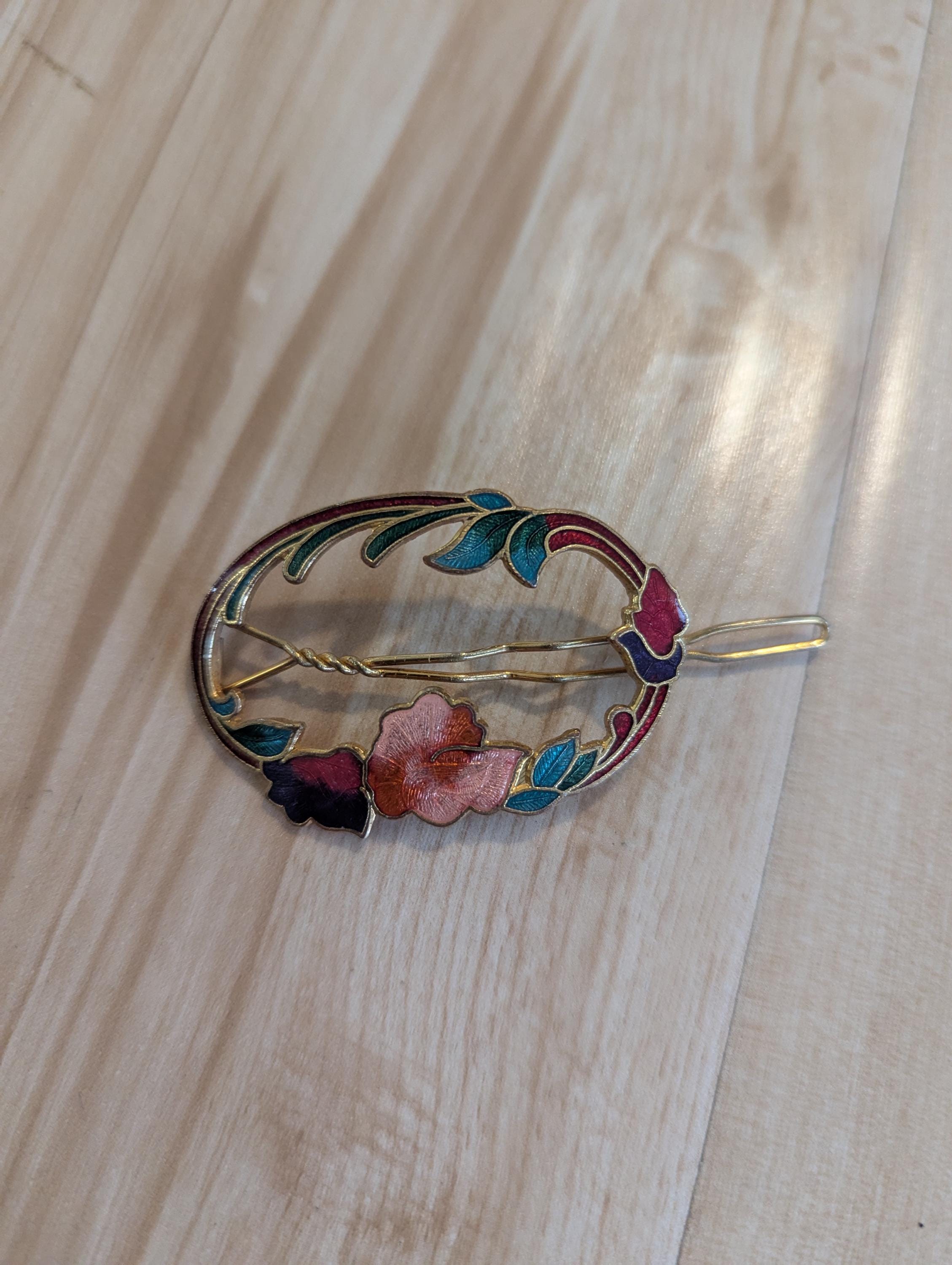Cloisonne Gold-Tone Purple Floral Enamel Hair Barrette Vintage Cloisonne Hair Barrette: Enamel Butterfly & Floral  main image 3