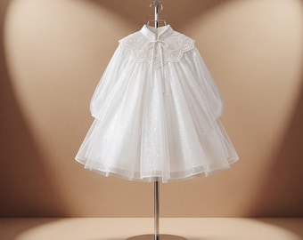 Girls White Sequin Tulle Dress | Pearl Lace Collar | Flower Girl Birthday Wedding Party Princess Dress | Toddler Baby Girl Sparkle Gown