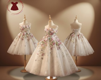 Luxus Champagner Blumenmädchen Kleid | 3D Blumen Applikationen Ballkleid | Glitzerndes Tüll-Festzugskleid | Kleinkind-Hochzeitskleid