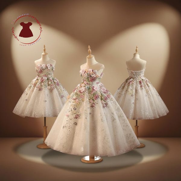 Luxury Champagne Flower Girl Dress | 3D Floral Applique Ball Gown | Sparkly Tulle Birthday Pageant Dress | Toddler Wedding Party Gown